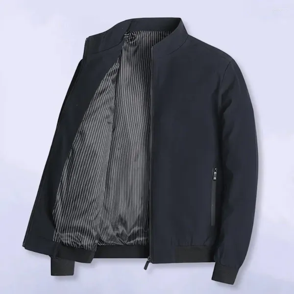 Jaquetas masculinas Casual Men Jacket Stand Stand Collar com bolsos com zíper bainha elástica de mangueira de tamanho grande para sólido