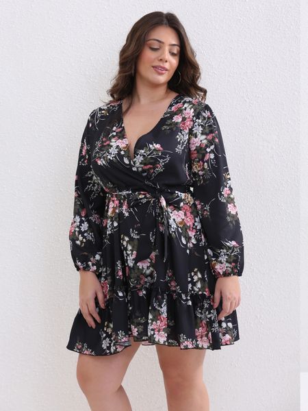 Plus Size Women Blumendruck Chiffon sexy v Hals aus Langarmleid Kleid weibliche elegante Partykleider Großhandel Drop 240426