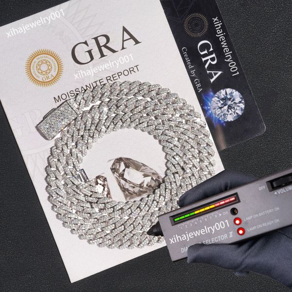 Colar de grife cuba e ligação de ligação diamante Teste de diamante de 10 a 14 mm de largura 2 linhas com jóias de joias de moissanite GRA Prata de esterlina para homens colar de moda de hip hop