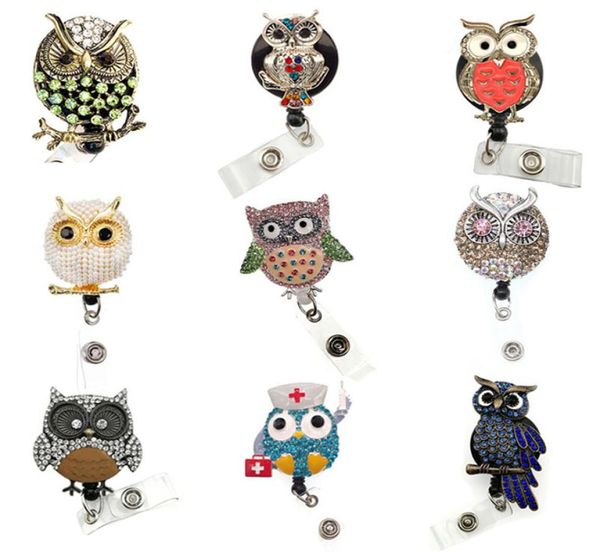 Novo design 9 estilos shinestone Animal Owl Shape Id Card Titular Reel de enfermeira retrátil com clip7622176