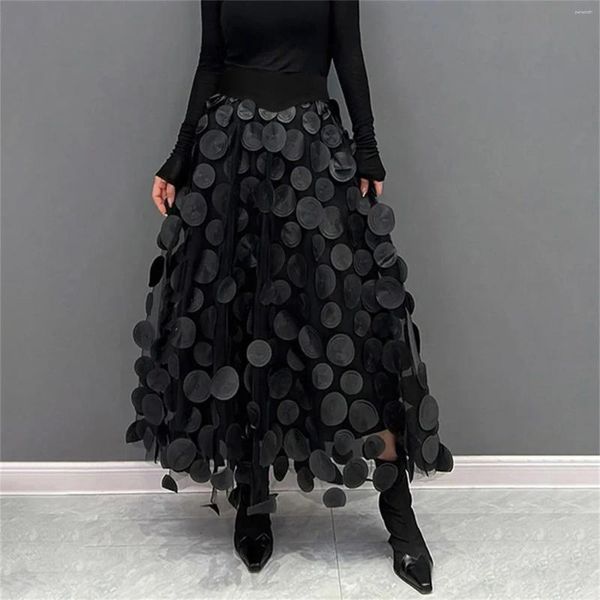 Etek moda siyah gotik 3d polka dot tül örgü kadın 2024 İlkbahar yaz yüksek bel elastik midi uzun tutu kadın