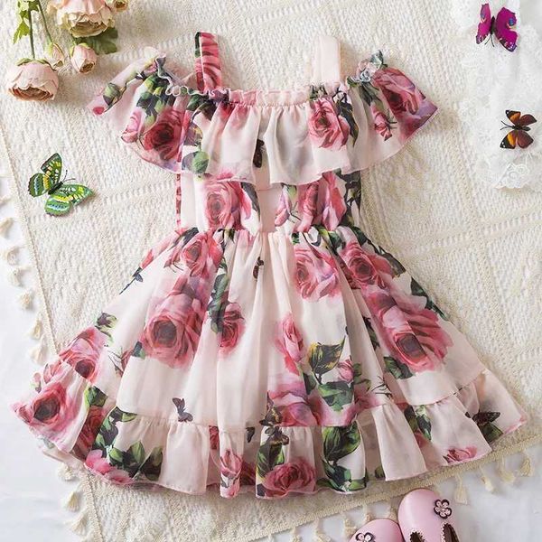 Abiti da ragazza 2024 Nuove bretelle vestito per ragazze abiti stampati eleganti abiti casual estivi in chiffon kids flores tutu principessa abito dressesl2405