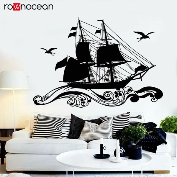 Aufkleber Retro Ship Sailor Sea Segel Kreuzfahrt Seagull Vögel Wellen Wand Aufkleber Nautical Home Decor Wohnzimmer Abziehbilder Abnehmbares Wandbild 3154