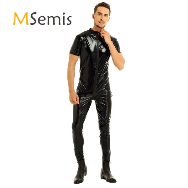 Anzüge Herren Dessous nasse Look Faux Leder Vollbodysuit Dehne Kurzärmel Reißverschluss -Schrittbody für Bühnenleistung