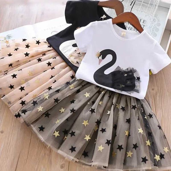 Kleidungssets Sommer Baby Girl Kleidung Set Baumwoll Cartoon Swan T-Shirt+Paillettenkleid 2pcs Set Childrens Mode Prinzessin Kinderkleid Kleid Setl2403