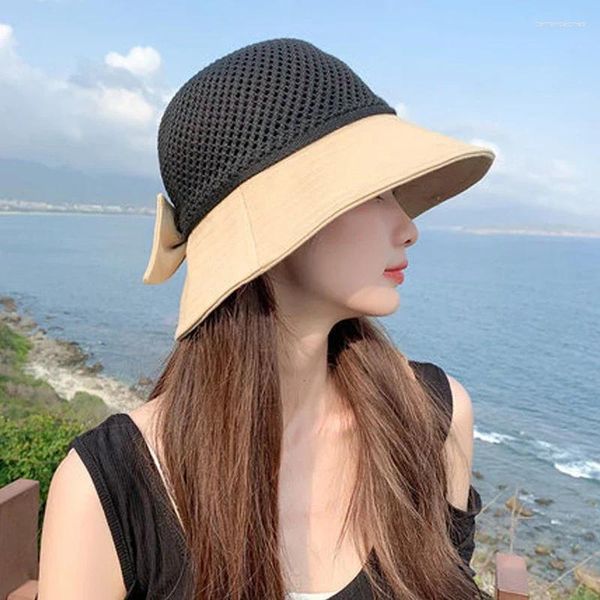 Chapéus largos da borda feminino Sun Straw Hat Classic Bowknot Fashion Fashion Summer Summer Outdoor Beach Cap balde