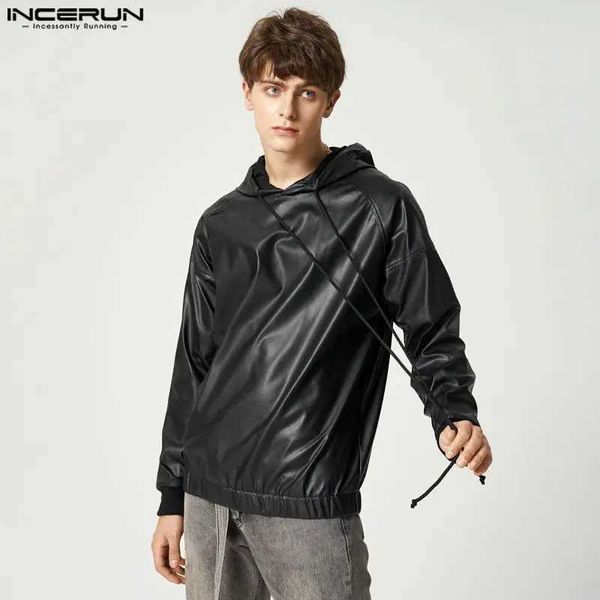 Erkek Hoodies Sweatshirts Erkek Spor Gömlek Solid Pu Deri Kapşonlu Uzun Kollu Moda Gündelik Kapüşon Sokak Giyim 2023 Punk Erkek Fermuar S-5XL Q240506