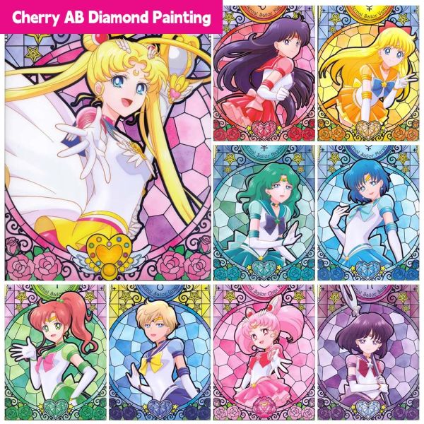 Stich Anime Ssailor Girl Mmoon AB Diamond Malerei Kreuzstich Cartoon Cartoon -Glasstil DIY Strass Mosaic Kunst Wohnkultur