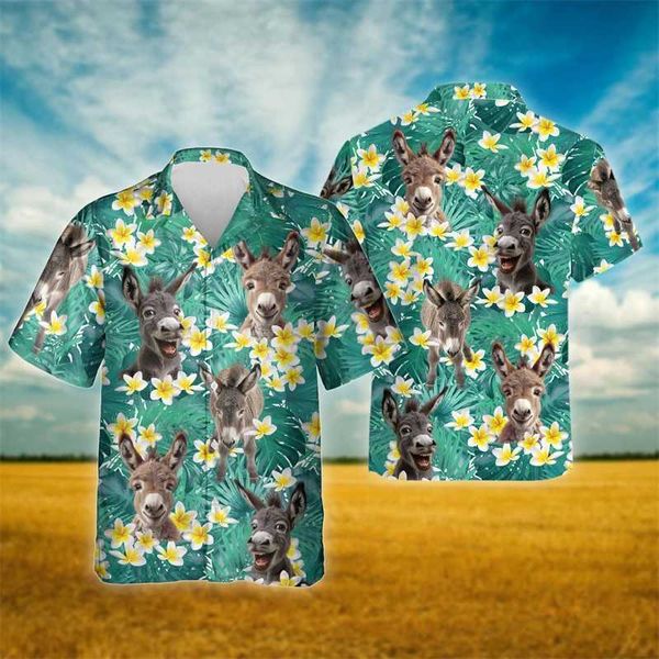 Erkekler sıradan gömlek komik eşek grafik plaj gömlek rahat Hawaiian kısa slve bluzlar çiftlik hayvan yaka bluz ha gömlek erkek giysileri üstleri y240506