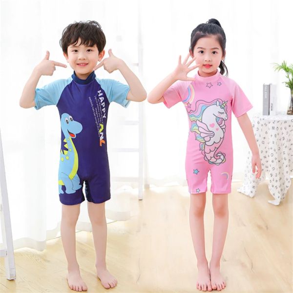 Roupas de banho europeias de uma peça de banho de banho meninas roupas de banho de banho meninos maiô de maiô desenho animado unicórnio rápido seca roupas de bebê roupas de praia de bebê