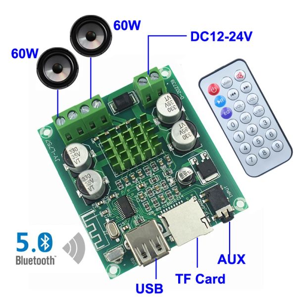 Усилитель 2*60 Вт Bluetooth 5.0 Плата усилителя цифровой аудио мощность Amp hifi Stereo 2.0 Channel Class D приемник TF Card USB Aux remote