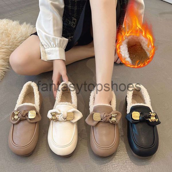 Kanallar Kanallar Peluş Elbise Ayakkabı Sıcak Balesi Sapumnwinter Flats Yumuşak Çözilmiş Bayanlar Annelik Loafers Fashion Bow Metal Tokalı Pamuk S CCS 230307