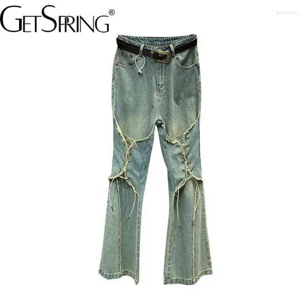 Jeans feminino Mulheres 2024 Autumn High Ciat Belt Decoração Tie ROPE Designer vintage calça de jeans longa de moda