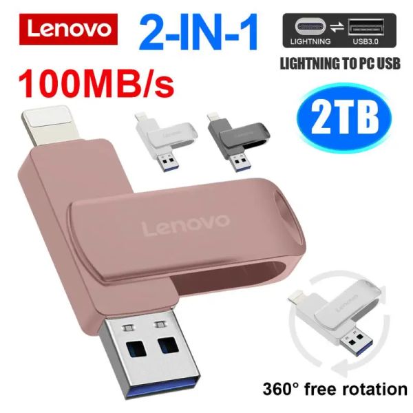 Adaptör Lenovo Tip C USB Flash Sürücü 2in1 Lightning USB3.0 Kalem Sürücüsü 1/2TB Pendrive 100MB/s Flash Disk PC/iPhone için anahtar halkalı