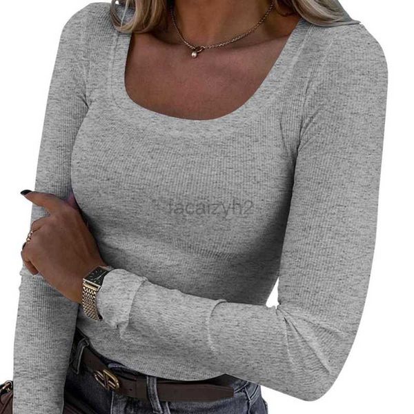 Damen T-Shirt Sexy Tees 2024 neuer Faden Pitstreifen schlanker fit langärmer Square Neck T-Shirt für Frauen Tops