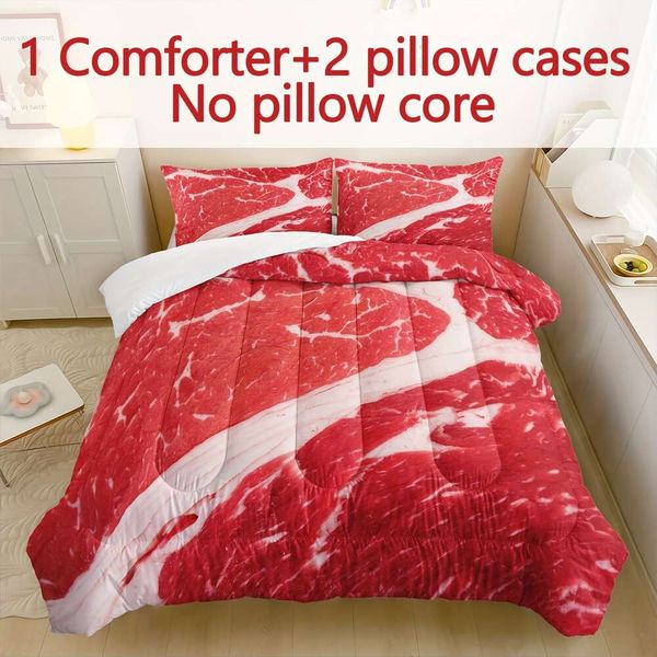 Duvet Cover Beef Steak Textur Muster Druck Bettzeug interessante Fleischprodukte 3D -Quilt Schlafzimmer Dekoration Rot weißes Lebensmittel Themen 1 Bettdecke Set 2 Kissenbezüge