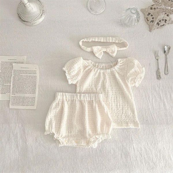 Giyim Setleri 2024 Yaz Bebek Beyaz Kısa Petal Kol Üstleri Elastik Bel Bandı Şortları 2 Parça Takım Kızlar O yaka Set Giysileri