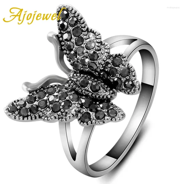 Anelli a cluster Ajojewel Rinstone Rhinestone Black Ring con gioielli a farfalla Women's Wholesale Vintage Animal Reput oggetti