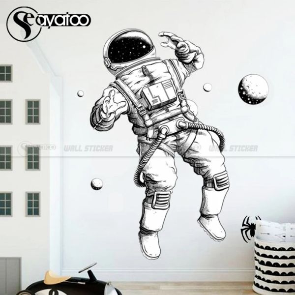 Adesivos espacial galáxia adesivos de parede do sistema solar astronomia adesivo de astronauta universo planetas decalque de parede para decoração de quarto de quarto para crianças decoração