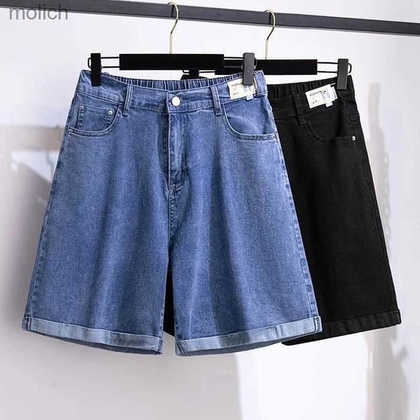 Shorts femininos 150 kg plus size shorts jeans de cinco pontos Hip 150 Summer High-Waist Palnta de perna larga larga azul preto 5xl 6xl 7xl 8xl 9xl wx