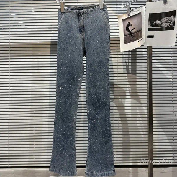 Jeans femminile 2024 Spring and Summer Street Fashion Girl Rhinestone Slimt Pants Pants Long Women Skinny Stretch Blue Blue