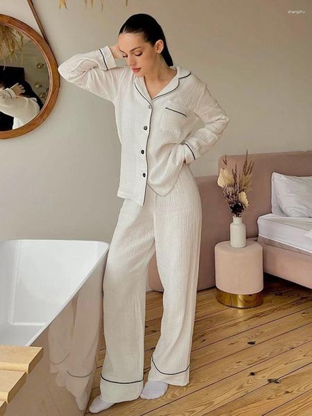 Frauen Nachtwäsche Marthaqiqi Baumwollpyjama Set Long Sleeve Sexy Turndown Collar Nightwear Weitbein Hose Nacht 2 Stück Anzüge