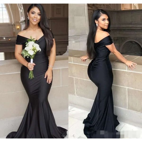 Mermaid Black Brautjungfer Kleider 2021 Jersey Ruched Flecken maßgeschneiderte Plus -Size -Triebwagen Kleid Kleid Sweep Weding Land Hochzeit formelle Verschleiß