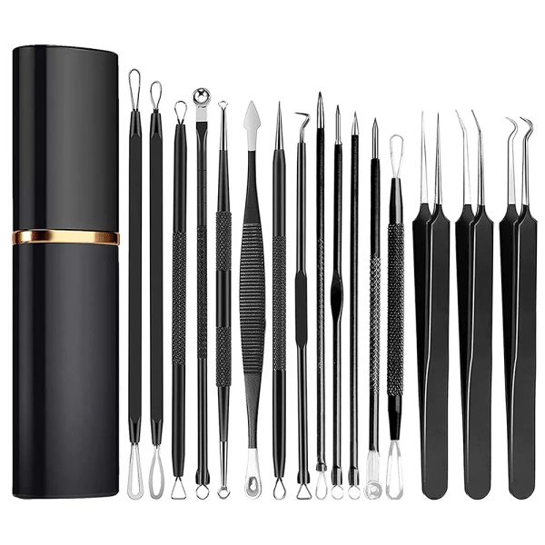 LastOortsen Pickel Popper -Werkzeugkit 16pcs Blackhead Remover Comedone Extraktor Gesichtsnase Akne Entfernung Whitehead -Pinzetten mit Metallhülle