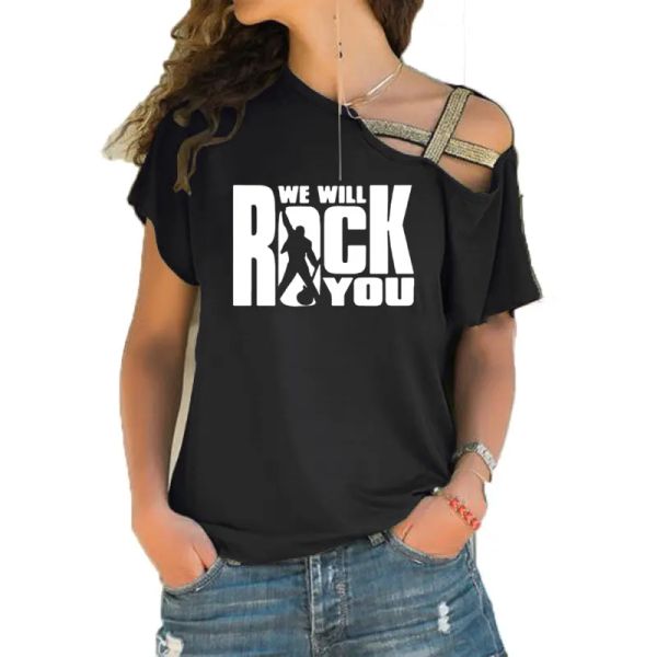 T-shirt We Will Rock You Women Thirt Summer Queen Rock Band Tshirt Short Short Rock Roll Womens Inclinazione irregolare Croce Tops