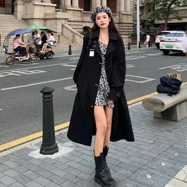 Женские траншевые пальто весенняя осень женщина длинное черное пальто модное корейское стиль уличной одежды.