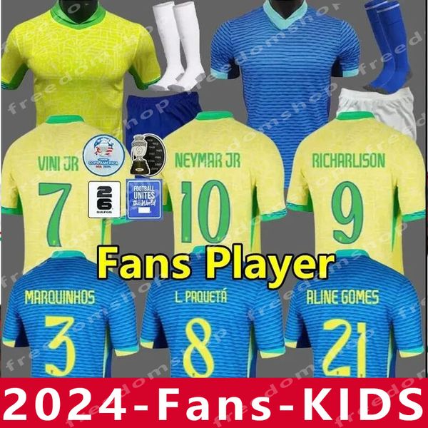 Jersey de futebol brasileiro 2024 Copa America Cup Neymar Vini Jr Kit Kids Conjuntos 2025 Brasil seleção nacional camisa de futebol 24/25 da versão de jogador de casa Rodrygo Martinelli