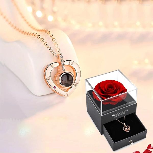Schmuckbeutel 100 Sprachen Ich liebe dich Projektion Herz Halskette mit Rose Geschenkbox 2024 für Frauen Freundin Weihnachtsgeschenke