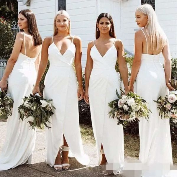 Brautjungfernkleider 2020 Verkauf Chiffon Spaghetti -Gurte Riched vordere Schlitzscheide bedeckte Knöpfe Rückenmädchen der Ehrenkleid Strand Hochzeit Kleidung