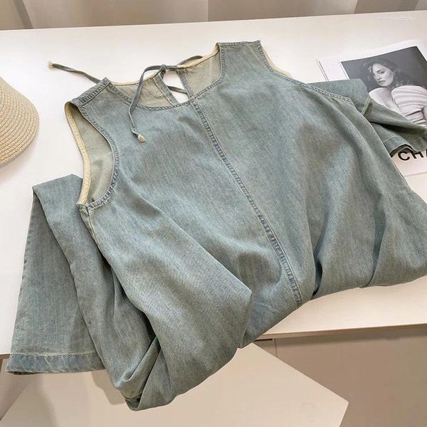 Abiti casual abito senza maniche estivo per donne retrò gallit di denim morbido a scollo a U sciolto con cintura