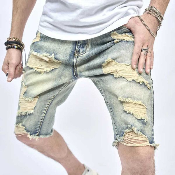 Jeans maschile estate retrò da uomo strappato da uomo strappato in jeans cortometraggi di cotone cotone cotone maschile hole casual spiaggia dritta shortsl2405