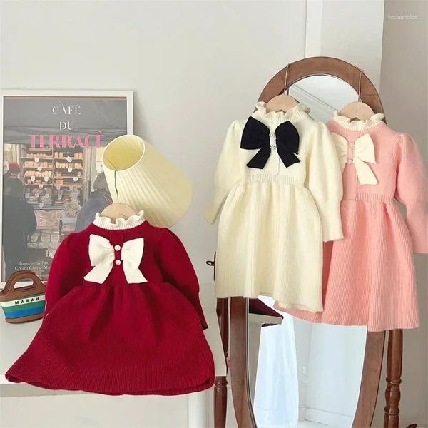 Mädchen Kleider Kinder Kleidung Baby Mädchen Herbst Winter gestrickt Langarm Kleid Bow Mode Prinzessin Party Vestidos