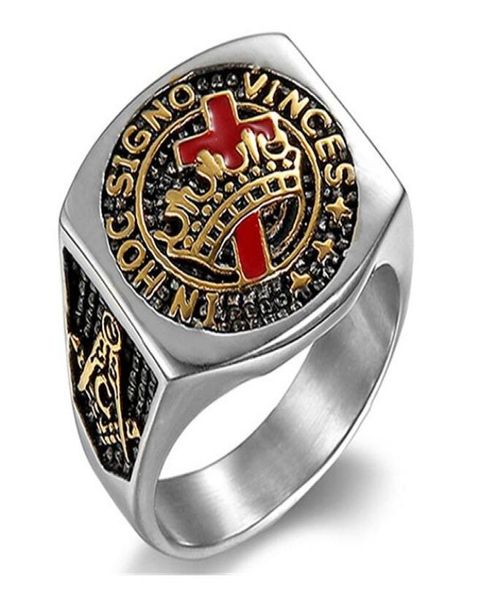 Homem 316 Aço inoxidável Anel de sinete de aço rito York Rite Cavaleiros Templários 18K Gold Bated Masomic Ring5211467