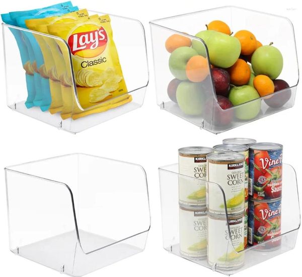 Garrafas de armazenamento Organizador de despensa transparente para organizar o gabinete da geladeira de cozinha Frutas de lanches comodidades de banheiro (4-PACK)