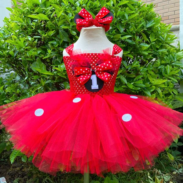 Vestidos adorável bebê desenho animado vermelho tutu vestido garotas de crochê vestido de tule com pontos