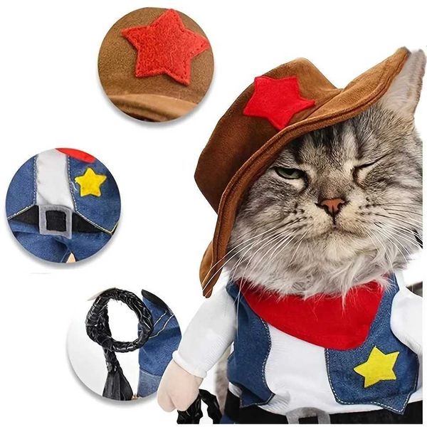Vestuário para cães roupas de gato engraçado cosplay cowboy traje para pequenos cães médios gatos roupas de cachorro de cachorro romancty gatte up suprimentos de estimação h240506