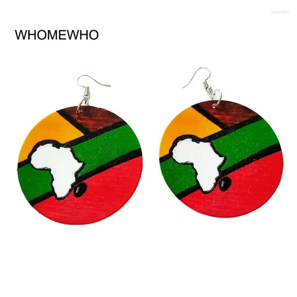 Brincos berrosos de madeira tribal África mapa continente pintura colorida pintura geométrica redonda brinca vintage feminino feminino de madeira boêmia afro ouvido