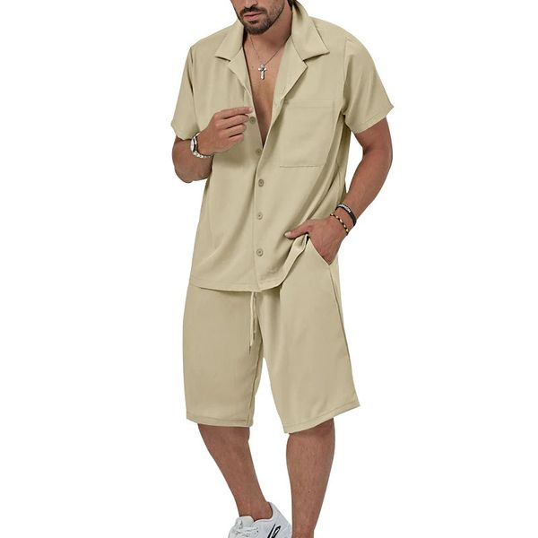 Mens Set a 2 pezzi set casual abbottonatura a maniche corte e pantaloncini da cool set da uomo abbigliamento giornaliero 240430