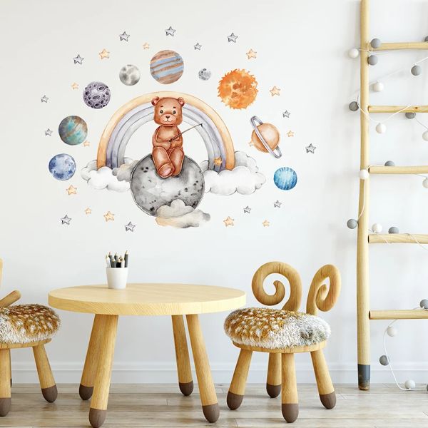 Çıkartmalar Suluboya Hayvanları Gezegen Duvar Sticker Bebek Odası Çocuk Yatak Odası Duvar Çıkartmaları Ay Bulutları Ay Çocuk Odası Ev Dekoru Kreş Duvar Kağıdı