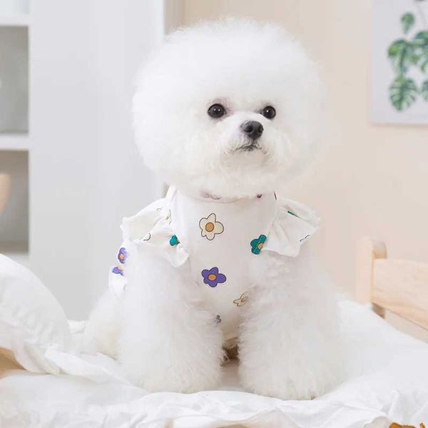 Abbigliamento per cani estate carina fiore stampata piccola manica volante abiti da vento principessa gatto cappotto per pet gambe gilet dog abiti H240506