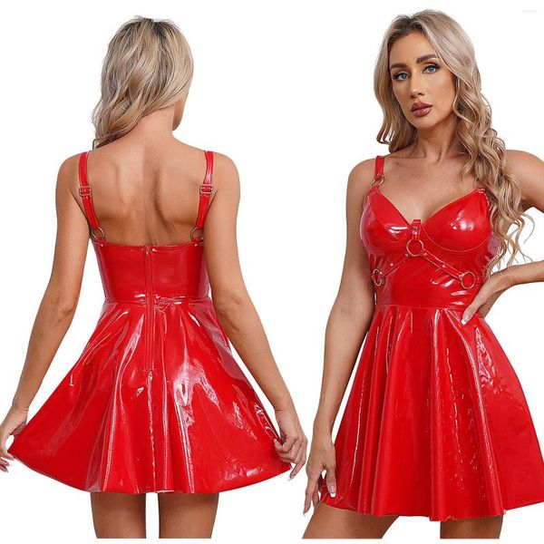 Lässige Kleider Damen Patent Leder Slip Kleid nasse Look O-Ring Nieten Riemchen A-Line Mini Clubwear Gothic Punk Rave Dance Party