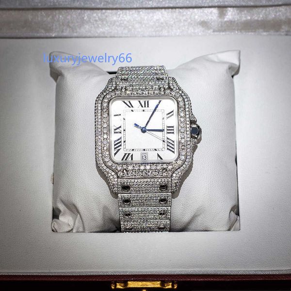 Square Trendy Herren Watch Mosang Shi High-End-Uhrenstil Edelstahl-Zifferblatt Weiß Full Diamond Watch