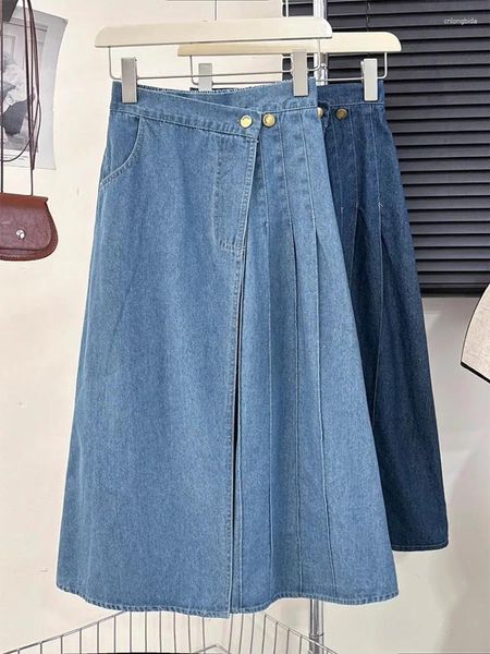 SAIRS KOREJEPO Irregular Denim Skirt Spring Summer Summer pregas de comprimento médio mulheres azuis claros de cintura alta Slim A-line Bottoms Bottoms