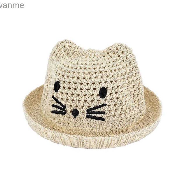 Шляпы кепков Детский летний солнцезащитный крем соломенная вязаная солнцезащитная шляпа Шляпа мальчики и девочки имитации Рафия вышитая мультипликационная мультипликационная шляпа для кошачья шляпа Bonsai R64 WX