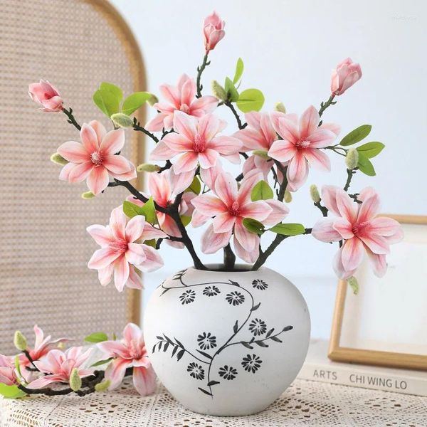 Flores decorativas Luxo 3D Magnolia Flower Braio Real Touch Real Plantas Falsas Party Festa da sala de estar Decoração da mesa de escritório em casa