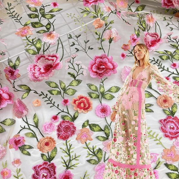 Vestidos novos produtos malha rosa malha bordada em tecido de outono vestido de noite vestido de renda de tecido diy vestido de tecido renda